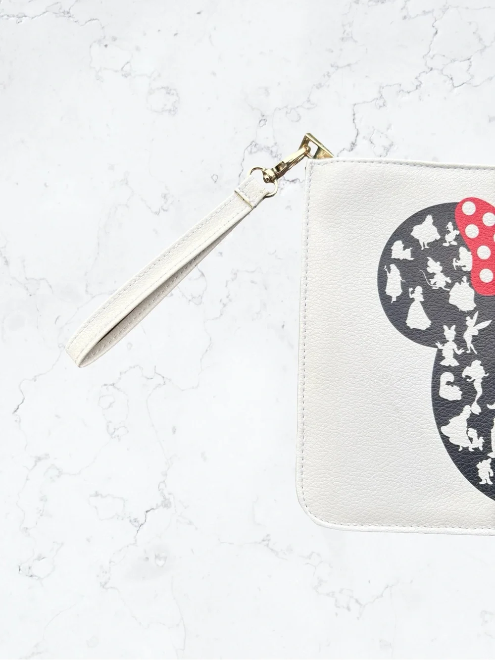 Disney White Wristlet Clutch with Black Minnie Silhouette and Red Polka Dot Bow